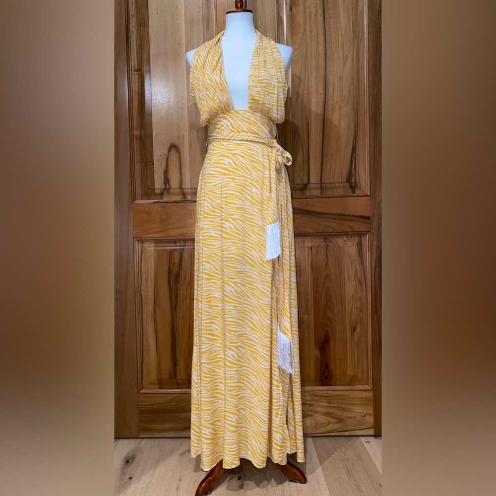 Vici - Yellow Zebra Stripe Print Sundress, Plunging Neckline Maxi - EUC - S